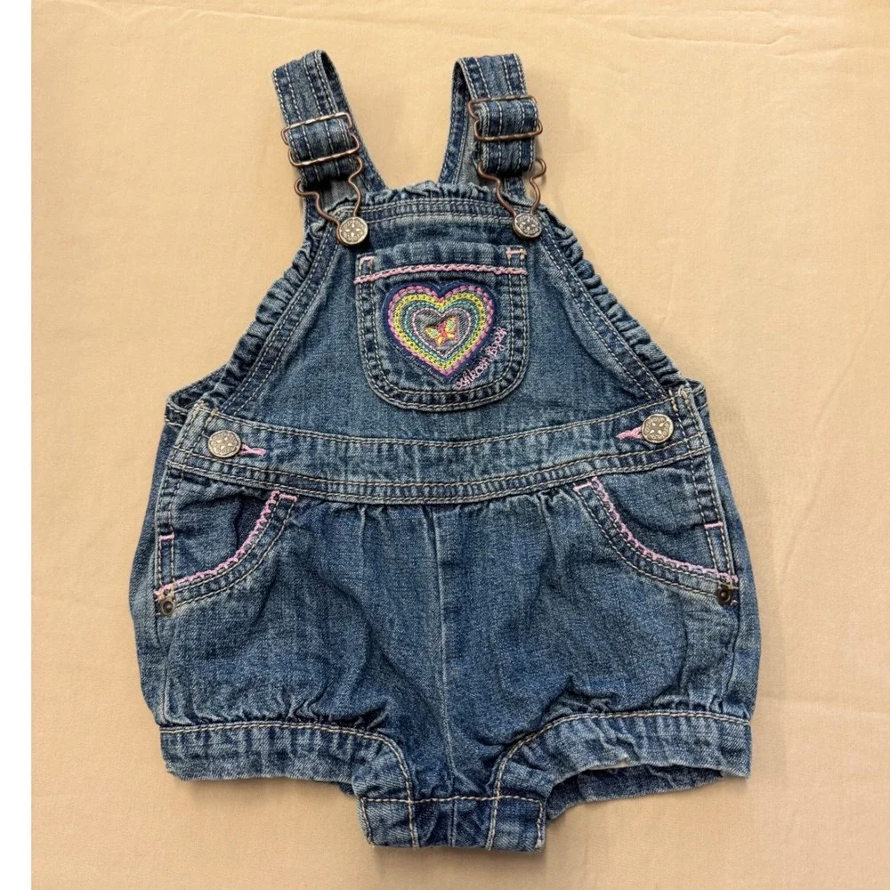 OshKosh B'gosh Shortall Overalls Blue Denim Bubble Kidcore Baby Girl 9 Months